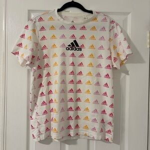 Adidas White T-Shirt with Black Logo Pink Gradient Logo Pattern Men or Women
